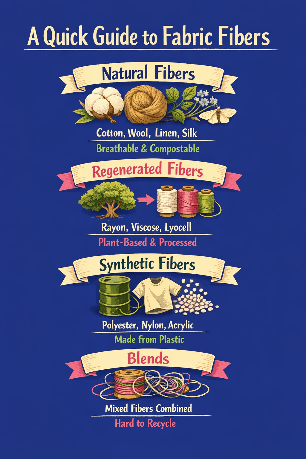 Fabric samples: natural, regenerated, and synthetic fibers side by side