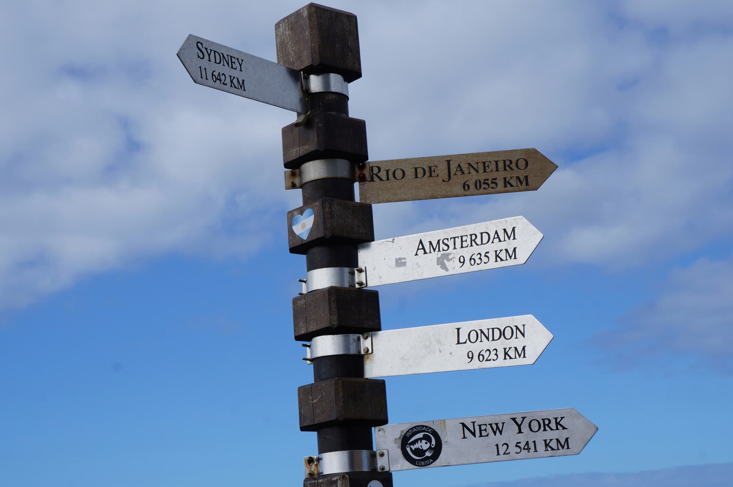 A signpost showing distances to Sydney, Rio de Janeiro, Amsterdam, London and New York