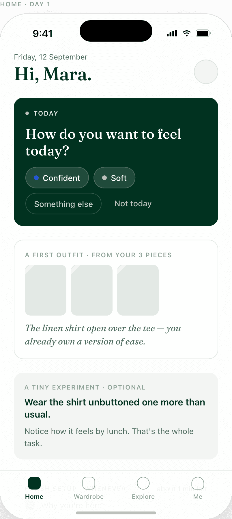The morning check-in screen, asking how you want to feel today