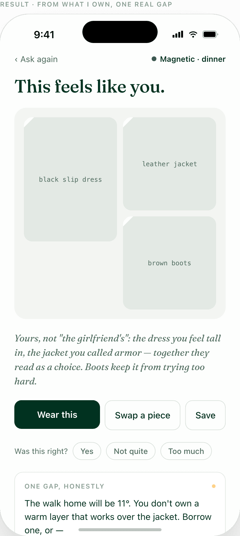 An outfit suggestion built from pieces already in the wardrobe
