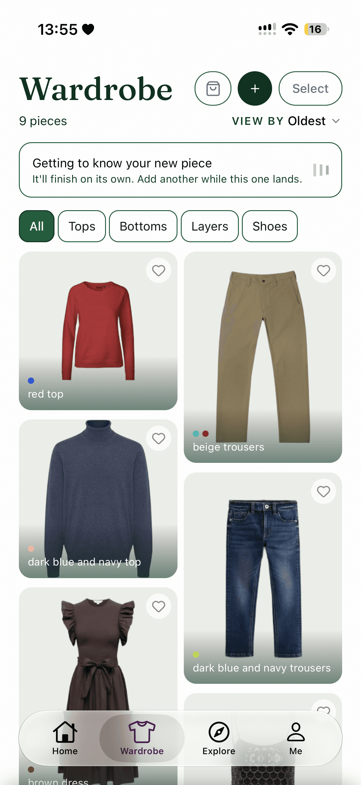 The wardrobe screen, showing pieces organized by category