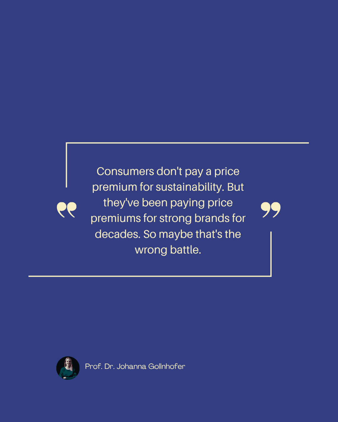 Quote card: "Consumers don't pay a price premium for sustainability. But they've been paying price premiums for strong brands for decades. So maybe that's the wrong battle." — Johanna Gollnhofer