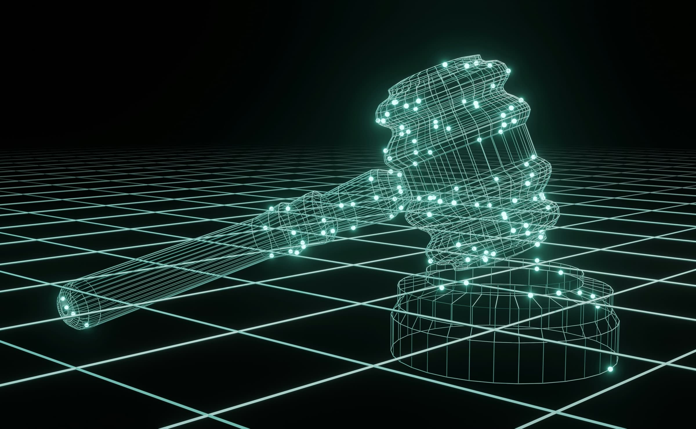A judge's gavel drawn in glowing digital lines