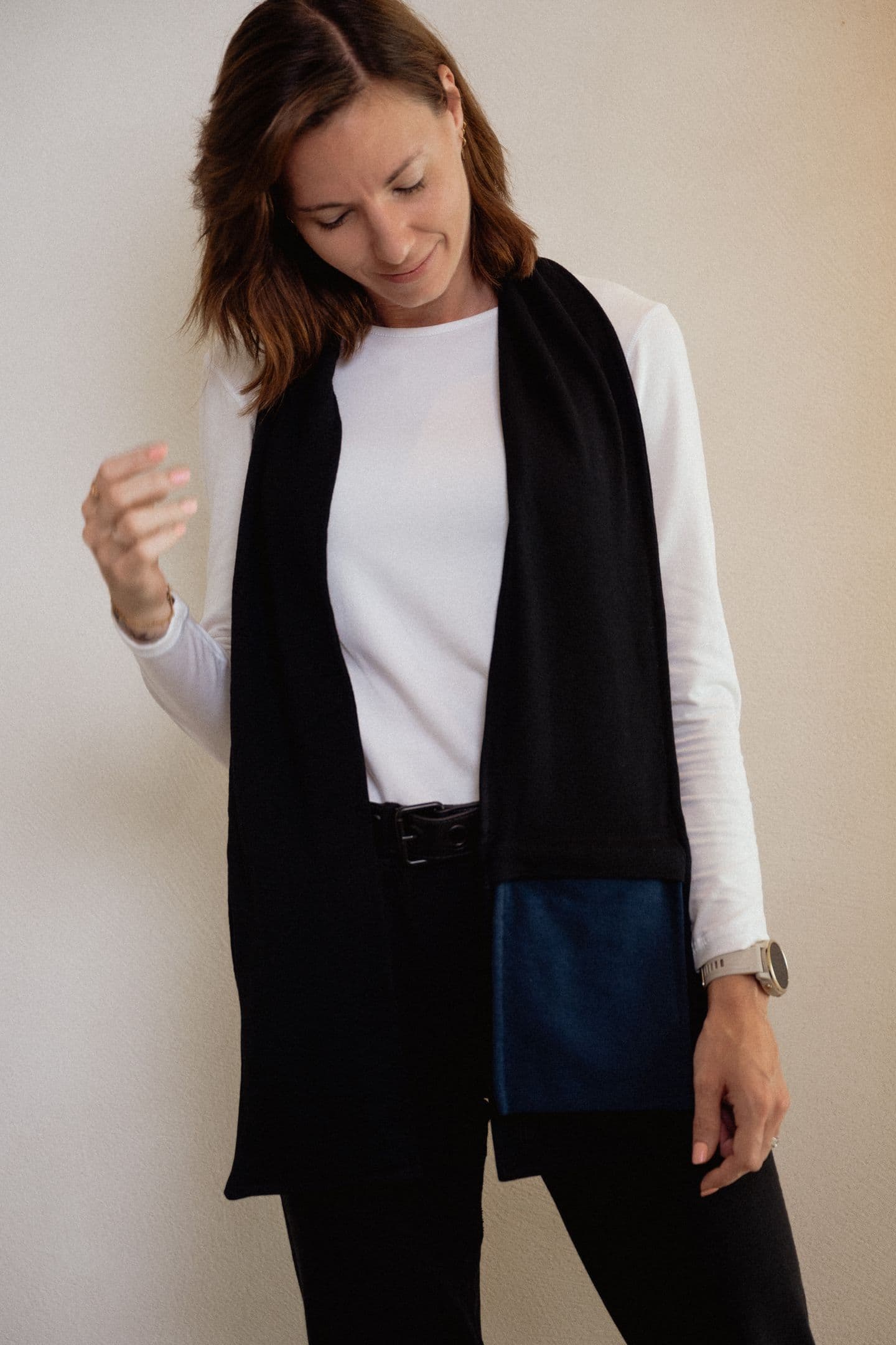 Blusss sensory scarf, worn as a layered accessory