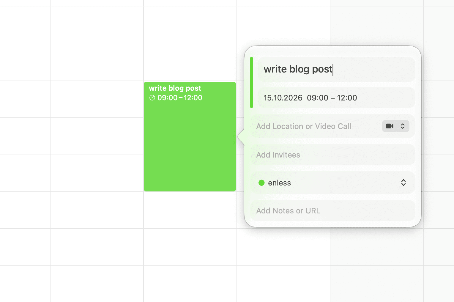 A calendar with a three-hour block called "write blog post" from 9:00 to 12:00