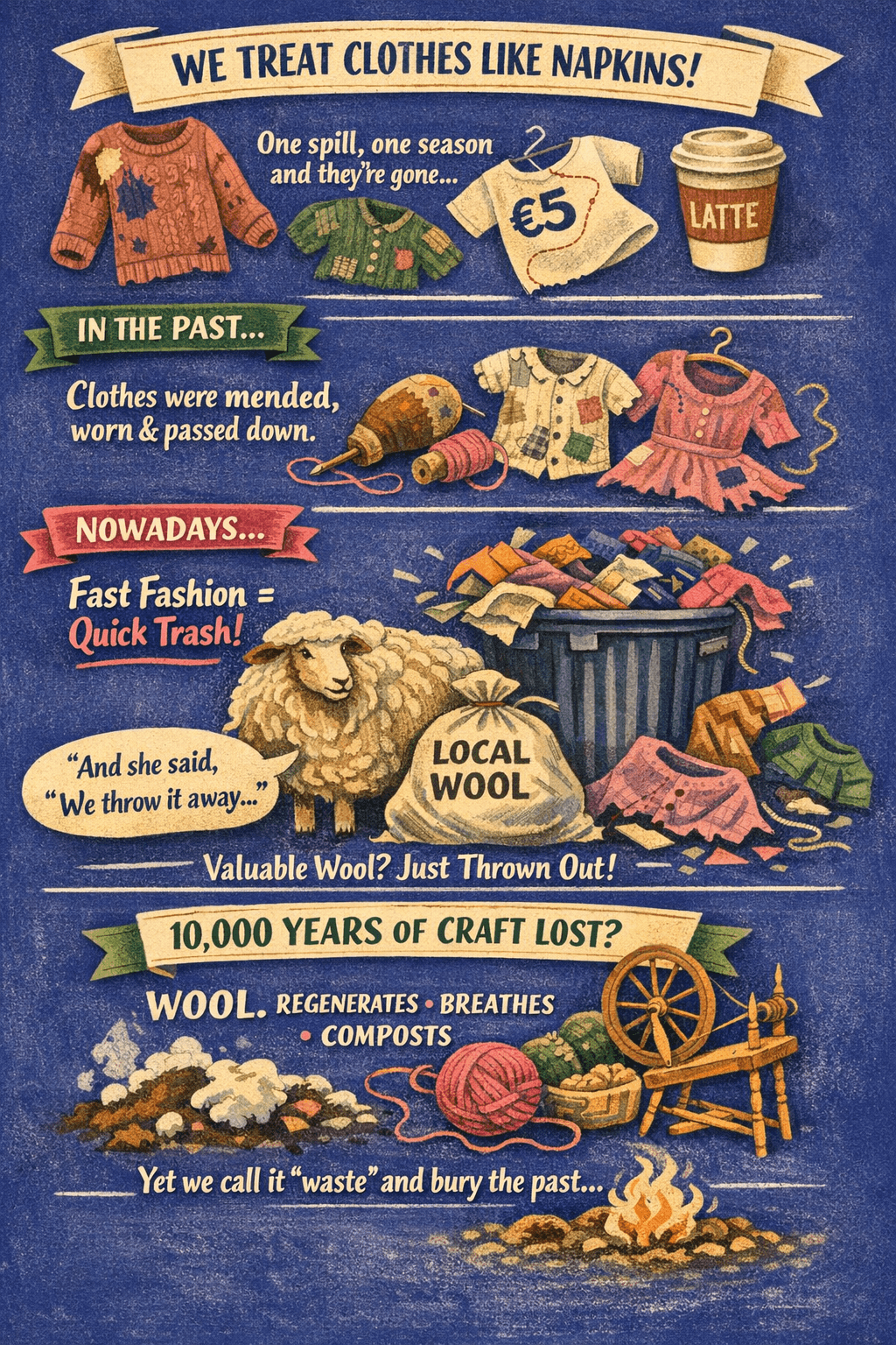 Worn and repeatedly mended garments, treated as disposable